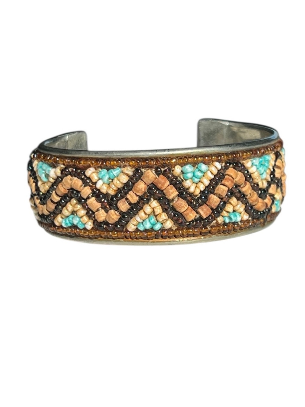 Vintage Y2K Brown Cream Turquoise Western Boho Beaded Adjustable Cuff Bracelet
